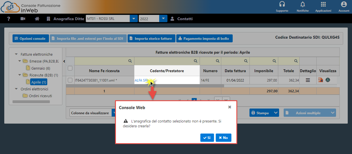 Messaggio di conferma per la creazione Messaggio di conferma per la creazione