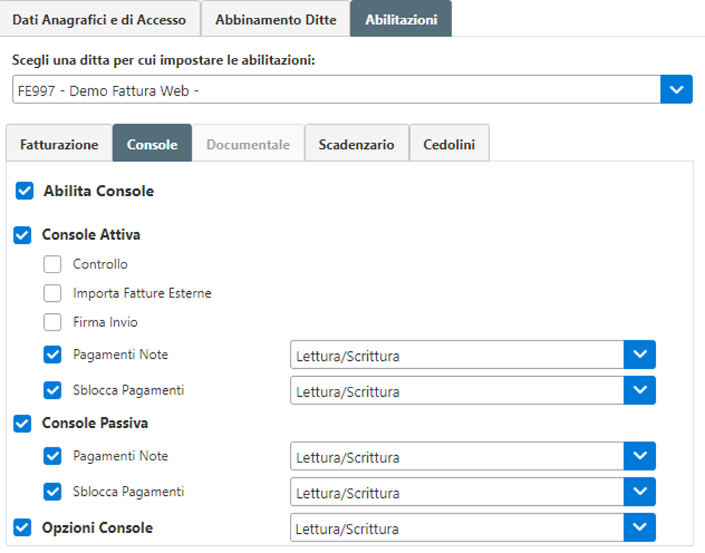 Abilitazioni Console