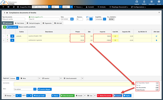 Software Fatturazione Elettronica - Esempio creazione di fattura a zero
