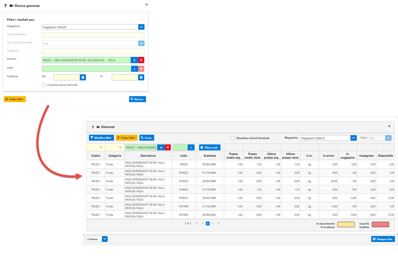 Modulo magazzino - Ricerca rapida delle giacenze 